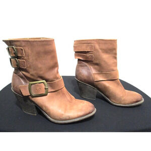 Lucky Brand Tommie Brown Leather Buckle Accent Slip On Ankle Booties Women 8M